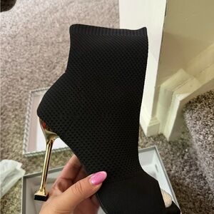 Elegant Black Knit Ankle Boots with Gold Heel